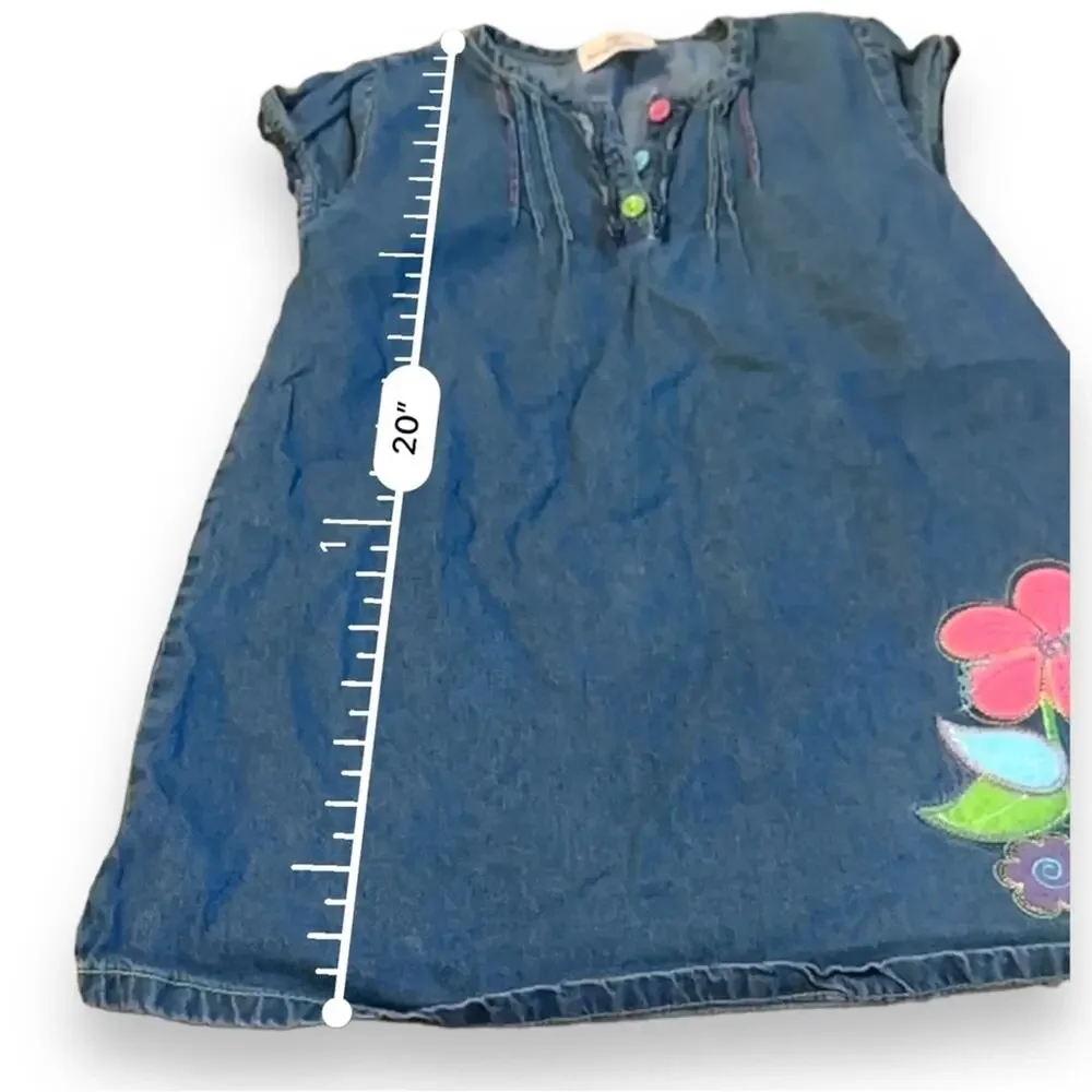 Hanna Andersson Blue Denim Flower Embroidered Short‎ Sleeve Dress Sz 100 (US 4)